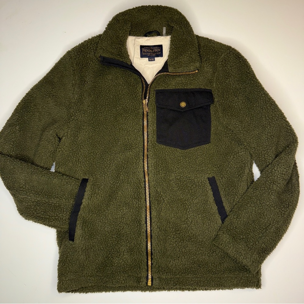Pendleton Olive Green Sherpa Zip Jacket with Black Chest Pocket